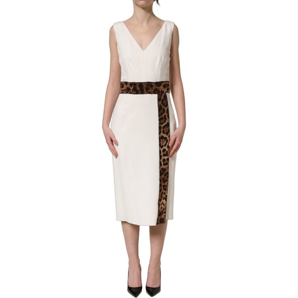 Dolce & Gabbana White Leopard Sleeveless Sheath Midi Women's Dress